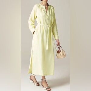 J Crew long sleeve Cabana maxi dress in linen sides slit tie waist V neck